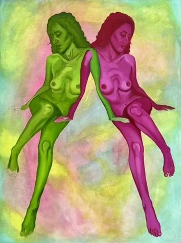 A colorful painting of two seated nude women with long hair, one green and one pink, against a vibrant, multi-colored background.