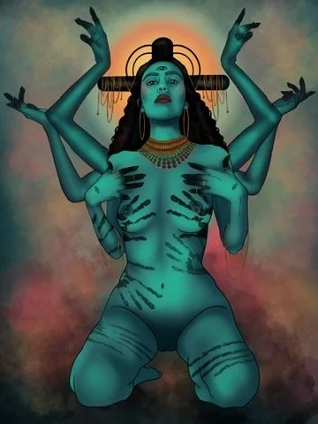 A surreal digital artwork of a woman with six arms, painted in shades of blue, kneeling with a calm expression. She wears gold jewelry and a headdress with black vertical rods. The background features a glowing halo behind her head and textured, mott