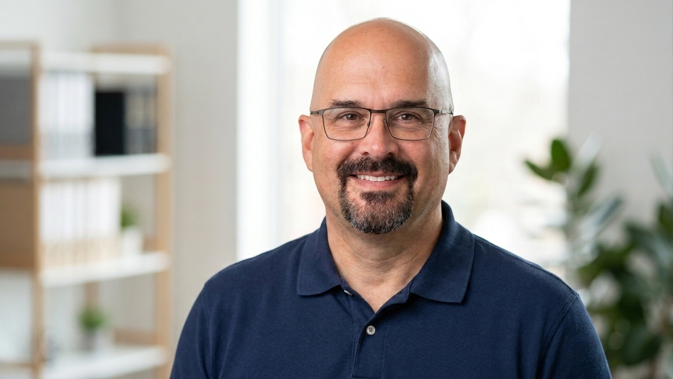 A smiling bald man with glasses, wearing a navy blue polo shirt, standing in a bright indoor setting with a blurred bookshelf and plants in the background.