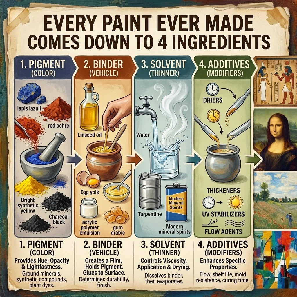 Infographic explaining the four ingredients used to make paint: pigment for color, binder as a vehicle, solvent as a thinner, and additives as modifiers. Each ingredient is illustrated with examples and descriptions of their functions.