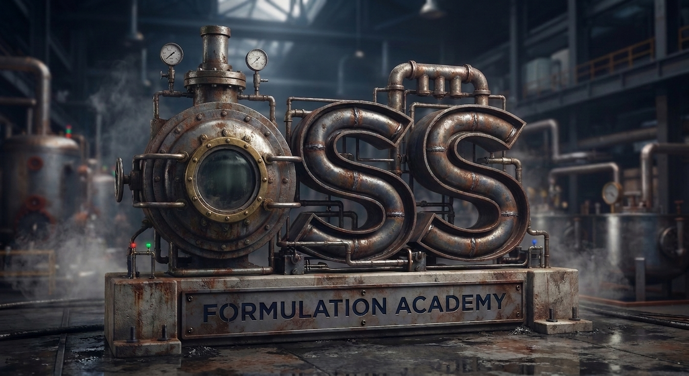 A steampunk-style machine with gauges and pipes forming the letters SS, labeled 'Formulation Academy,' inside an industrial setting with metal structures, steam, and a foggy atmosphere.