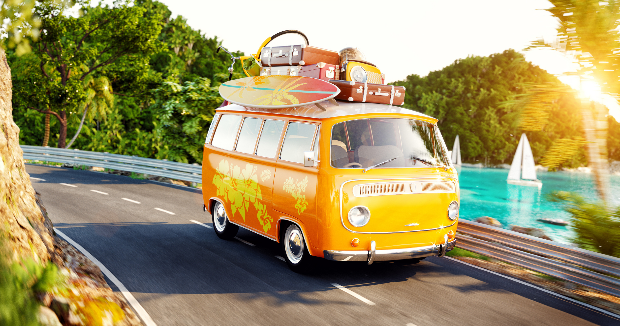 Colorful and fun van with travel gear comically strapped to the roof