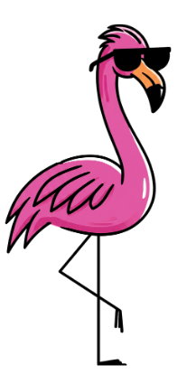 Stylized pink flamingo illustration with an orange beak on a black background