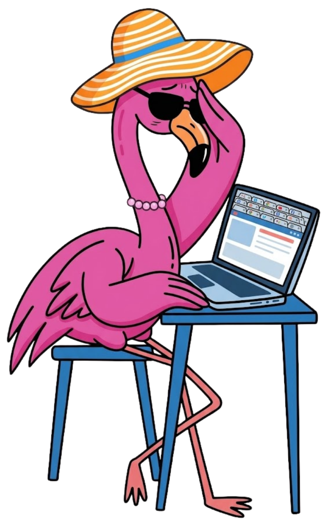 No Shoes Vacation Company Logo Flamingo wearing a striped sun hat and sunglasses, working on a laptop at a blue table.