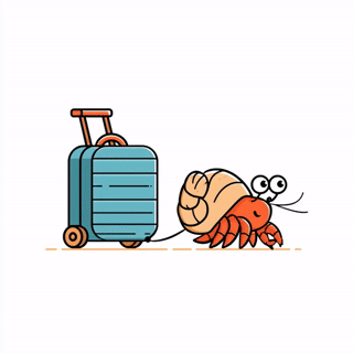Cartoon hermit crab pulling a blue rolling suitcase