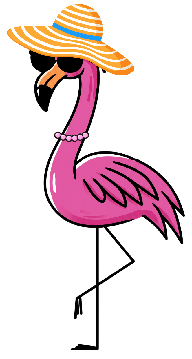 No Shoes Vacation Company Logo colorful pink flamingo wearing sunglasses, a striped orange-and-white sun hat, and a pearl necklace.