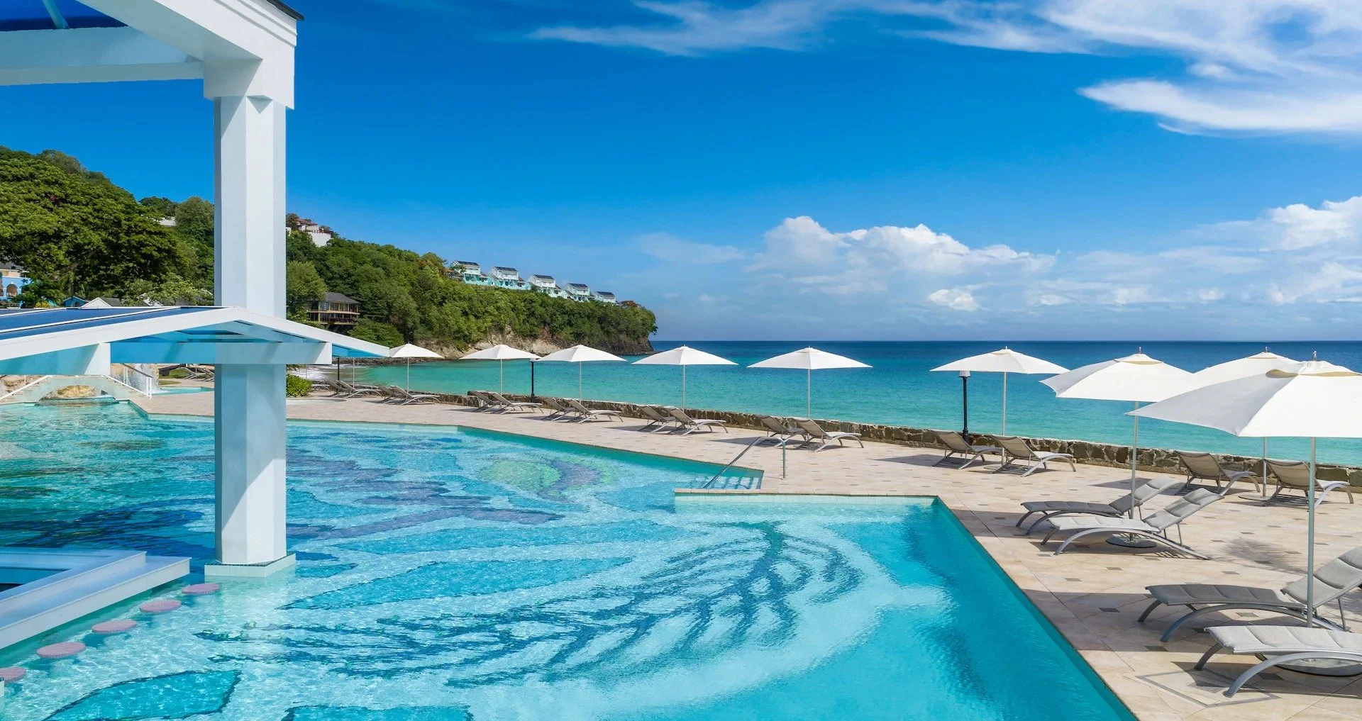 Sandals St. Lucia -La Toc swimming pools, beach chairs, sand and the ocean