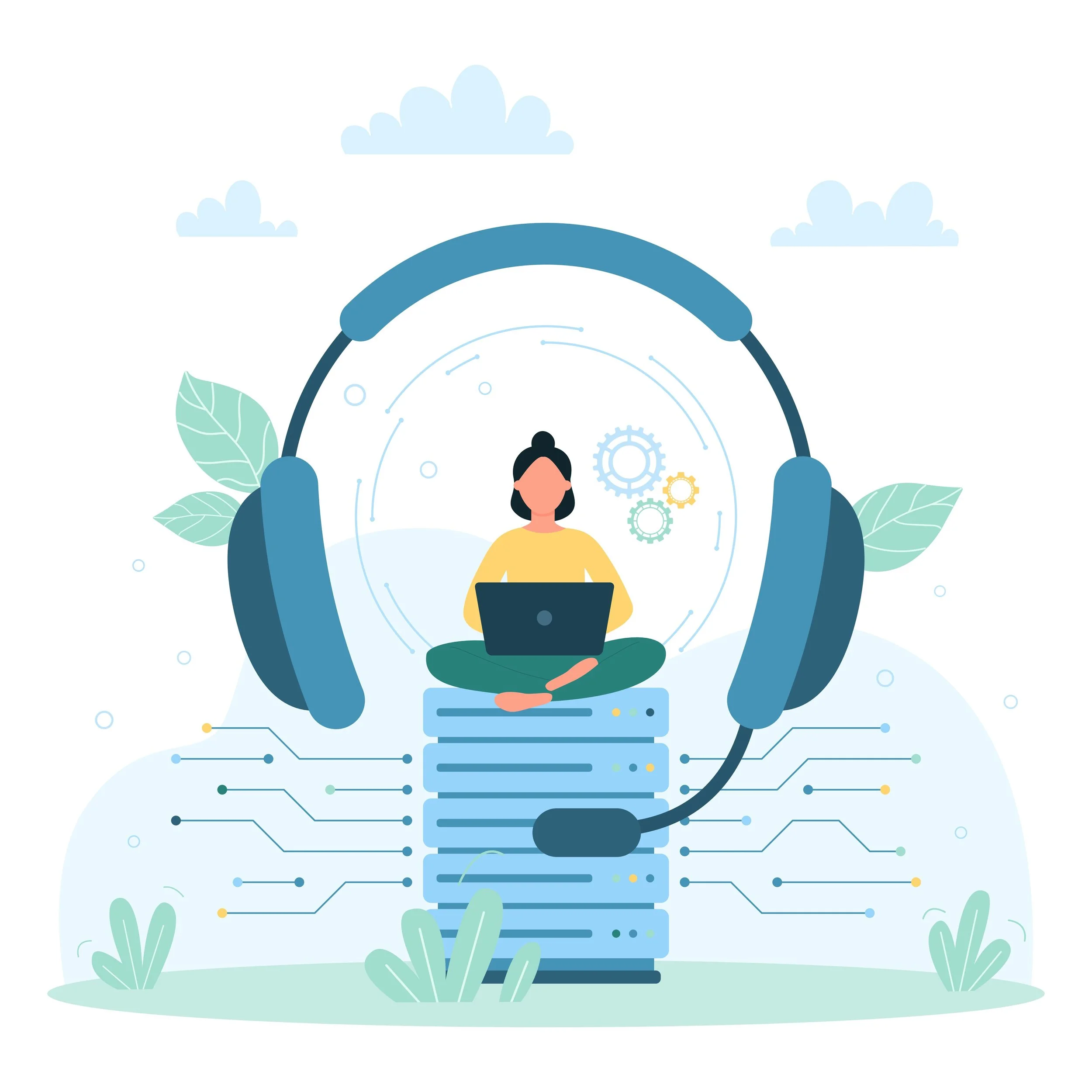 Illustration of person sitting crosslegged using her laptop
