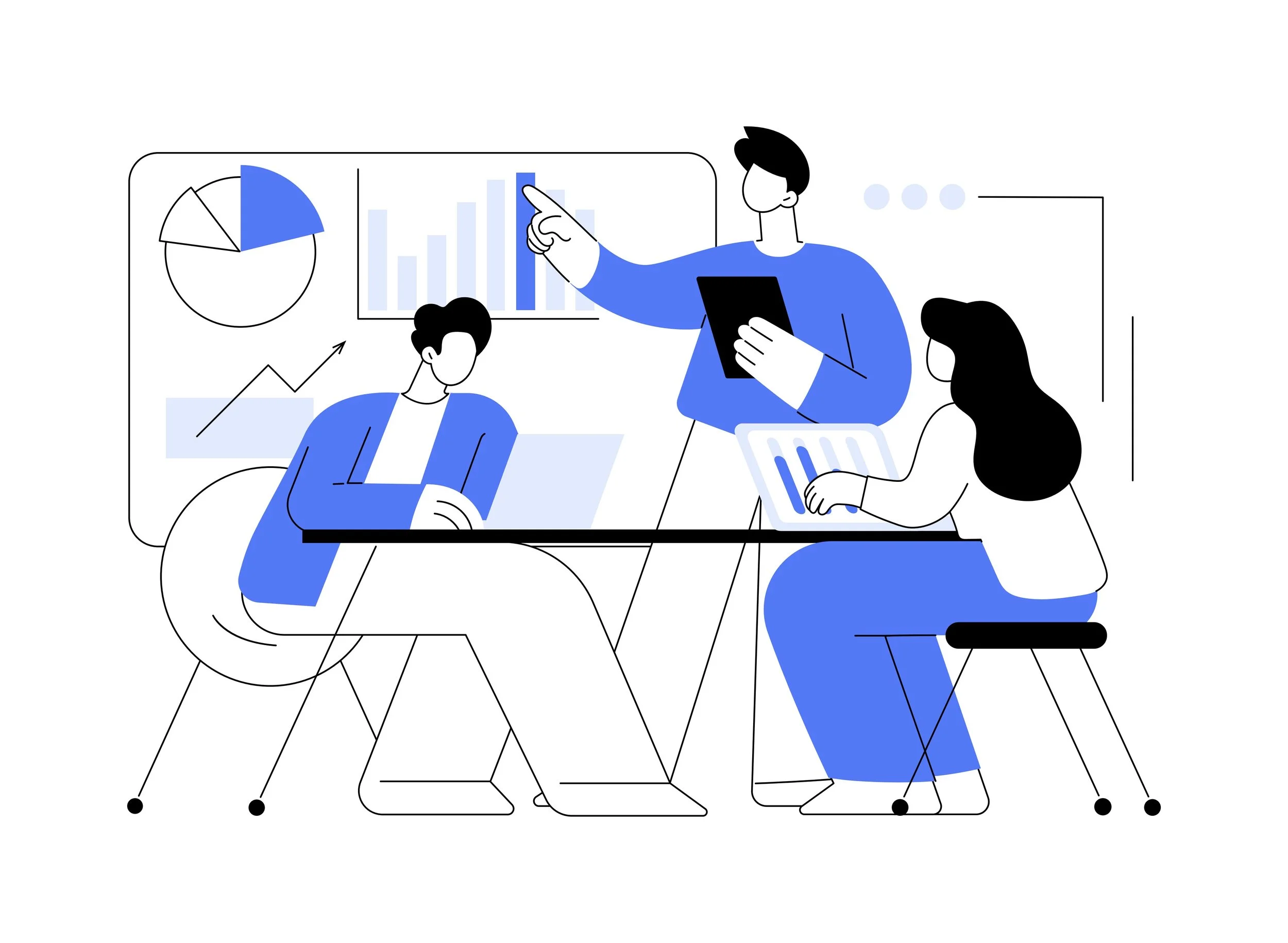 llustration of 3 workers, 1 is standing pointing to a graph on a board.