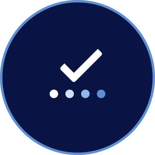 A dark blue circular icon with a white check mark and four small white dots below it.