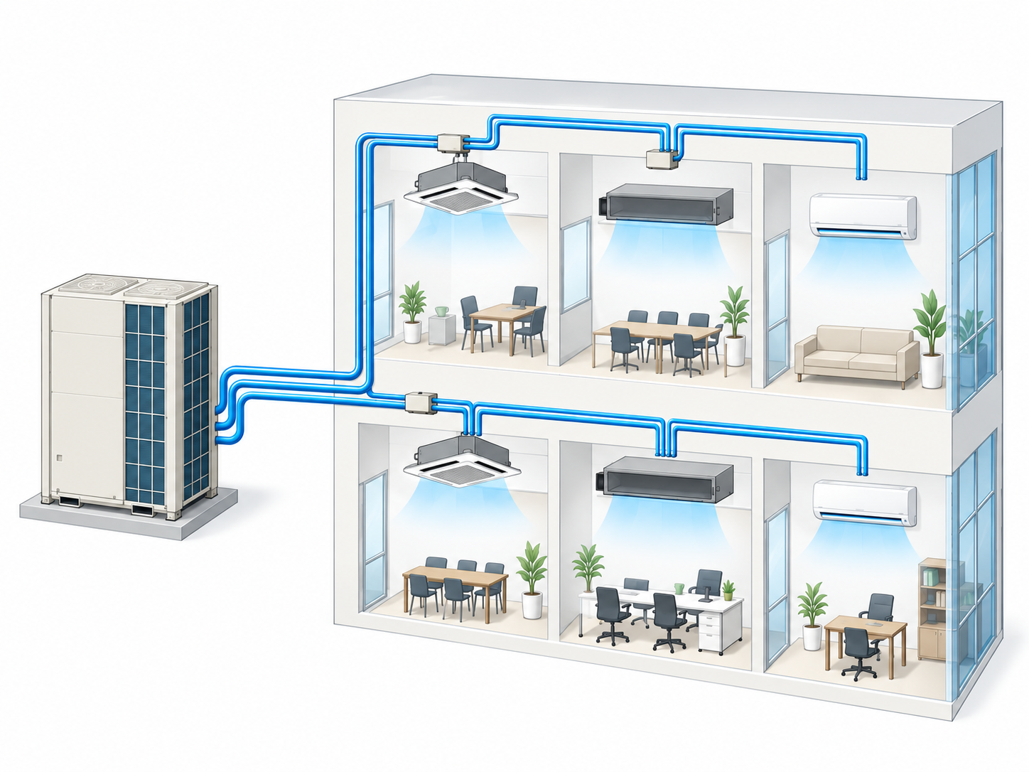 an ai illustration of a vrv pipe network to individual indoor units