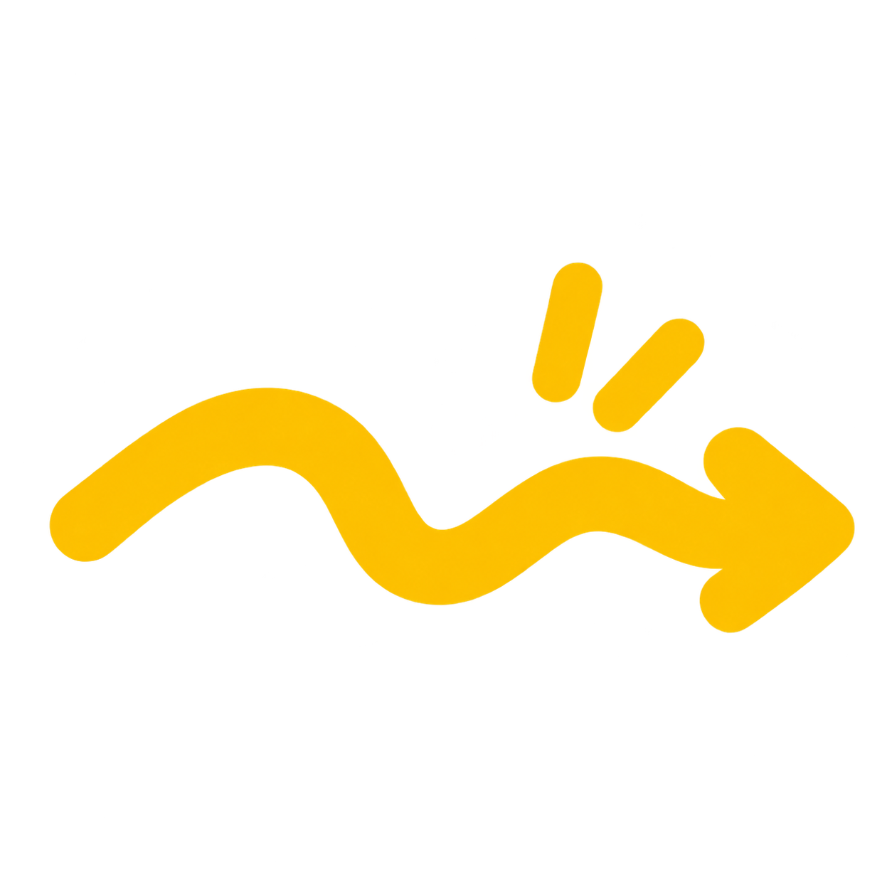An orange arrow with a wavy bend pointing to the right, with three small yellow bars near the arrowhead, on a transparent background.