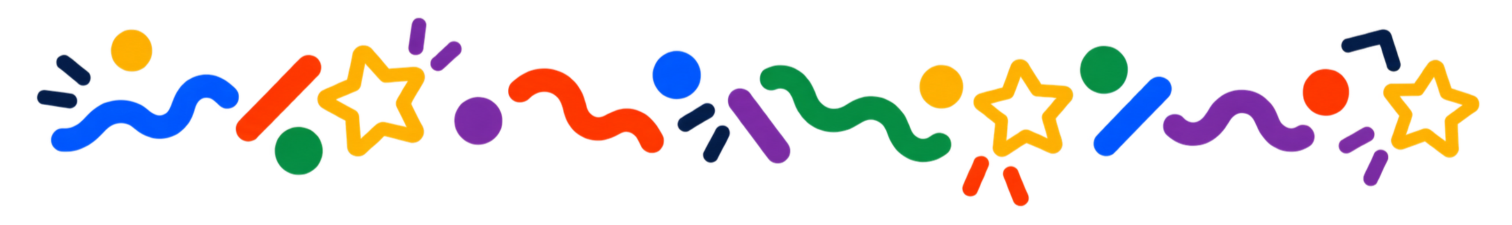 Colorful confetti with stars, squiggles, circles, and stripes on a transparent background.