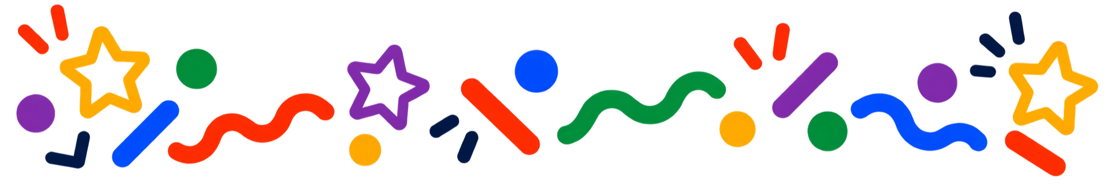 Colorful celebration banner with stars, squiggly lines, and circles in red, yellow, green, purple, blue, gray, and orange.