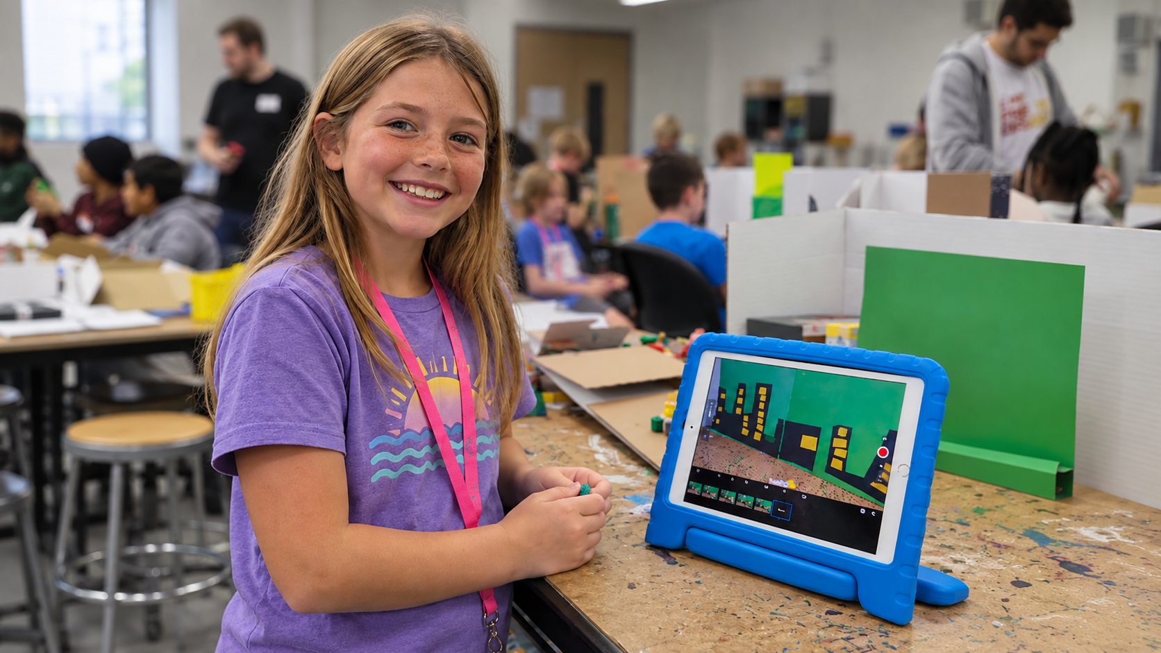 A smiling girl with long red hair in a purple t-shirt stands at a crafting table in a classroom, with a tablet displaying a pixel art cityscape. Other children and an instructor work in the background.