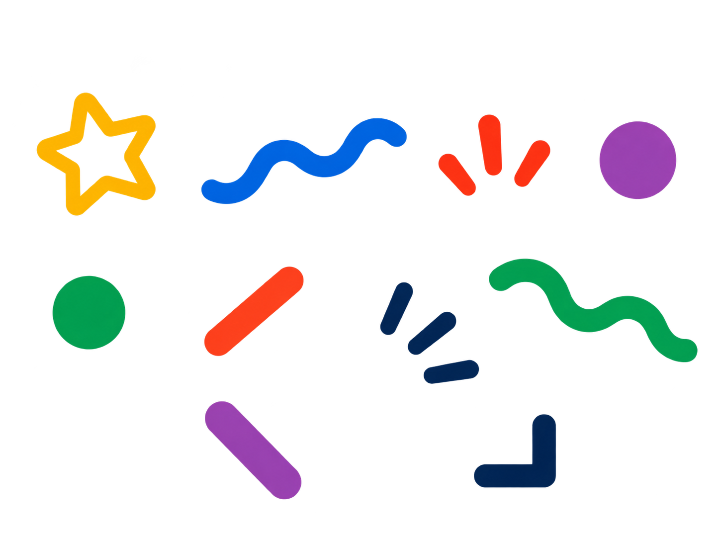 Colorful abstract shapes including a yellow star, blue squiggles, a red exclamation mark, a green circle, a purple circle, and a green and blue zigzag, arranged on a black background.