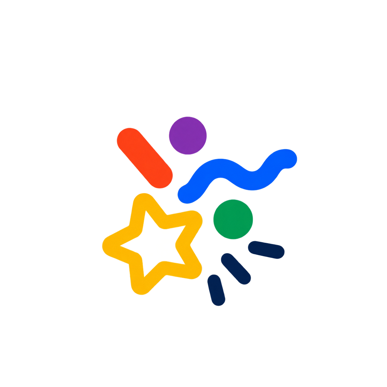 Colorful abstract badges with various shapes including a star, circle, wave, and capsule, arranged in a cluster.