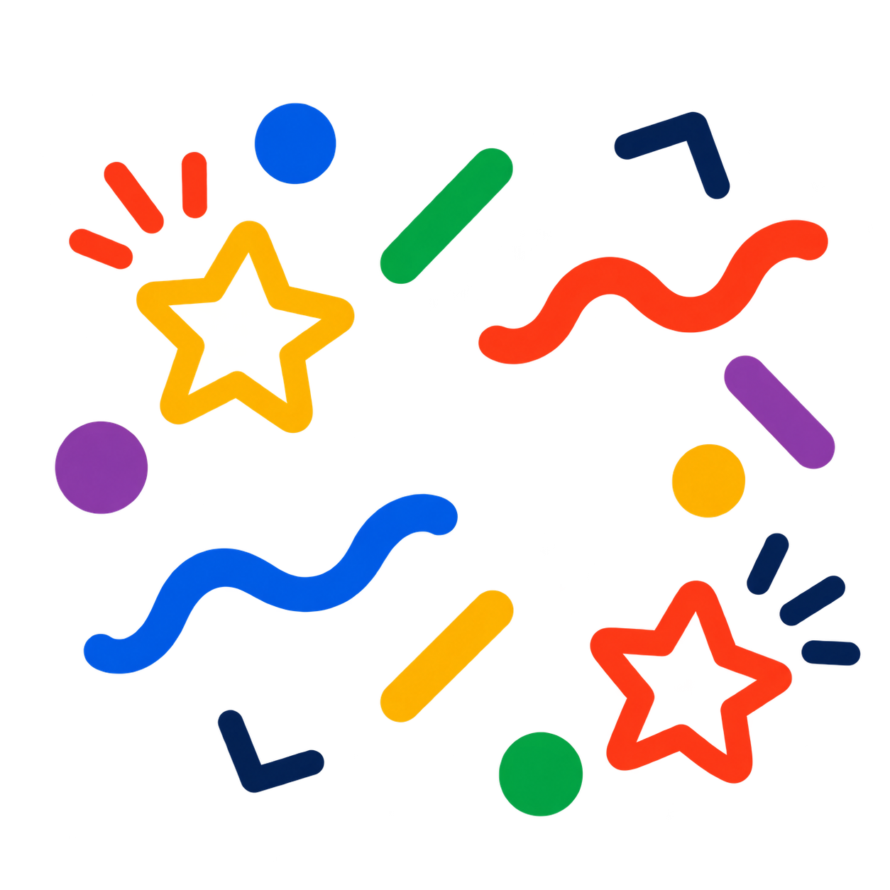 Colorful abstract graphic with stars, circles, lines, and squiggles in various bright colors including yellow, red, blue, green, purple, pink, and orange.