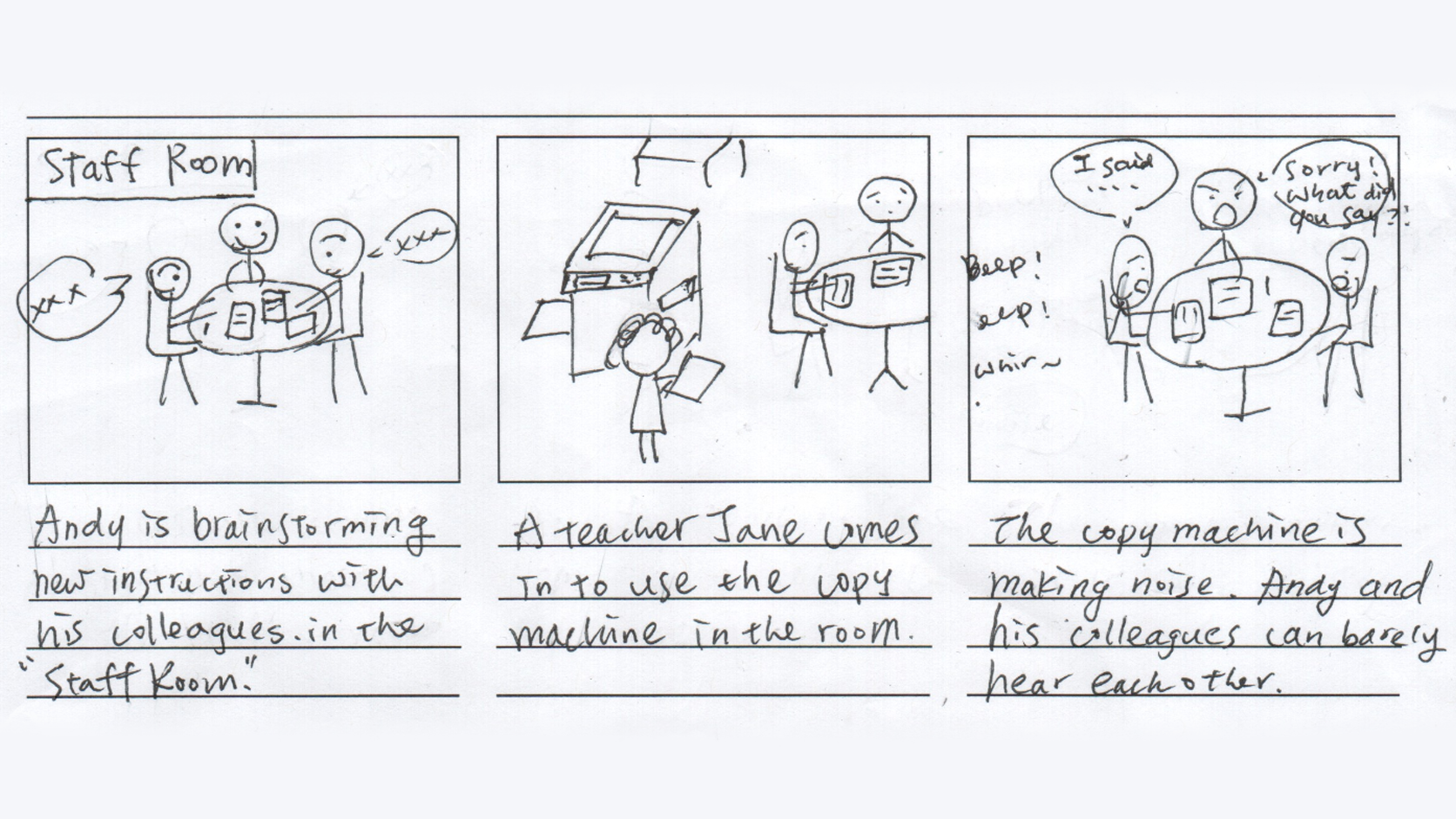 A three-panel comic strip sketch. The first panel shows a group of people at a round table labeled 'Staff Room,' with one person saying 'XXX'. The second panel depicts a girl with pigtails in front of a copier machine, with a teacher observing her. The third panel shows the group again at the table, with one character saying 'I said...' and another apologizing, surrounded by noise with 'beep! beep! whir~', indicating a noisy copy machine.
