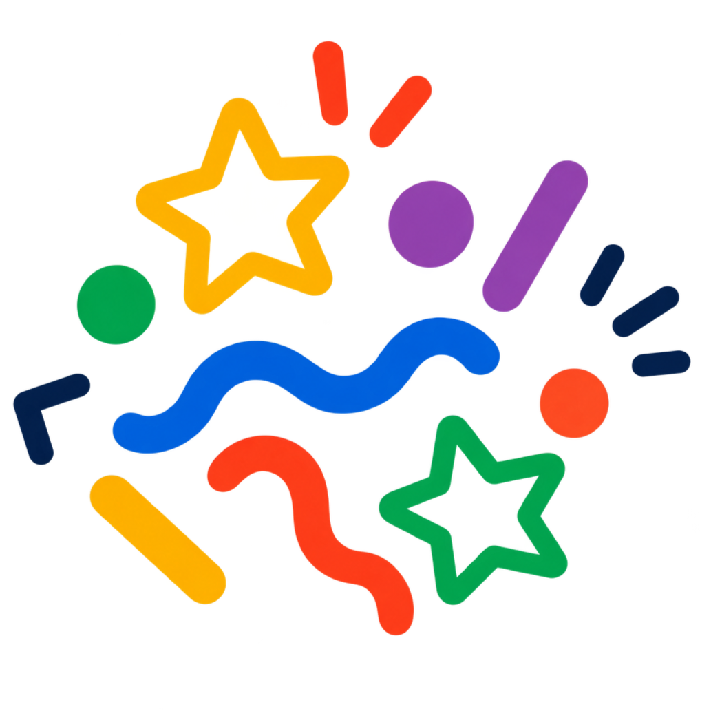 Colorful abstract shapes and stars, including a yellow star and a green star, with wavy lines and various smaller circles and dashes in red, purple, blue, orange, and green.
