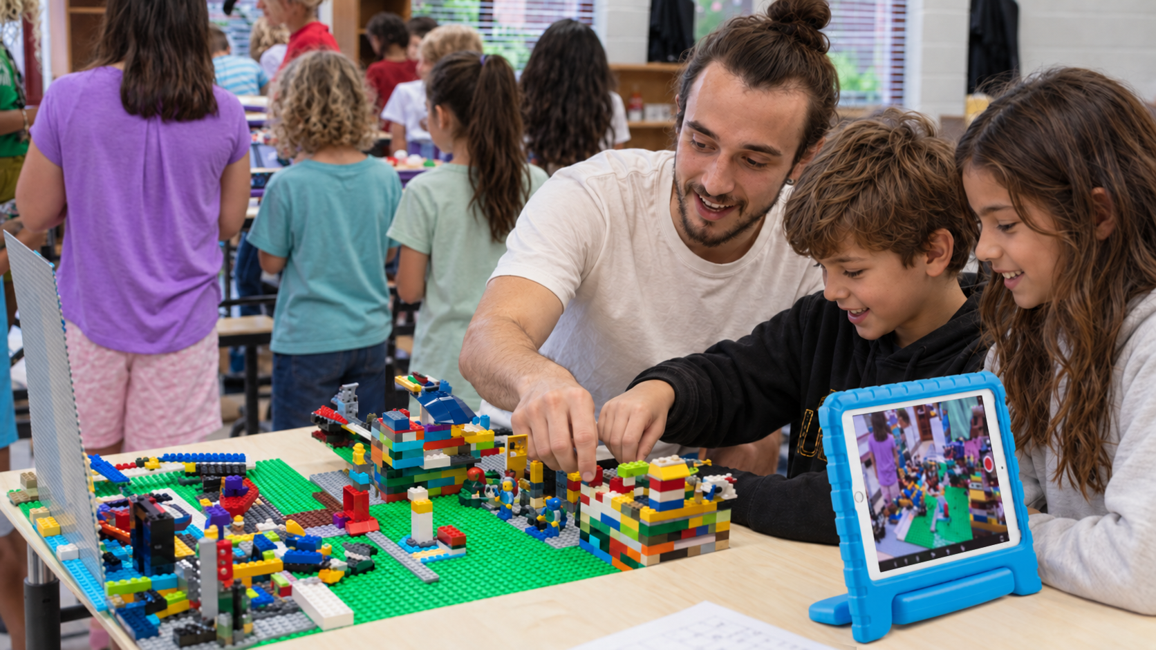 A group of children and a man building with colorful LEGO bricks on a table in a classroom or play area. The man and two children are focused on the LEGO creation, smiling. In the background, other children are standing and working at different tables, with a tablet on a blue stand showing a live view of the scene.
