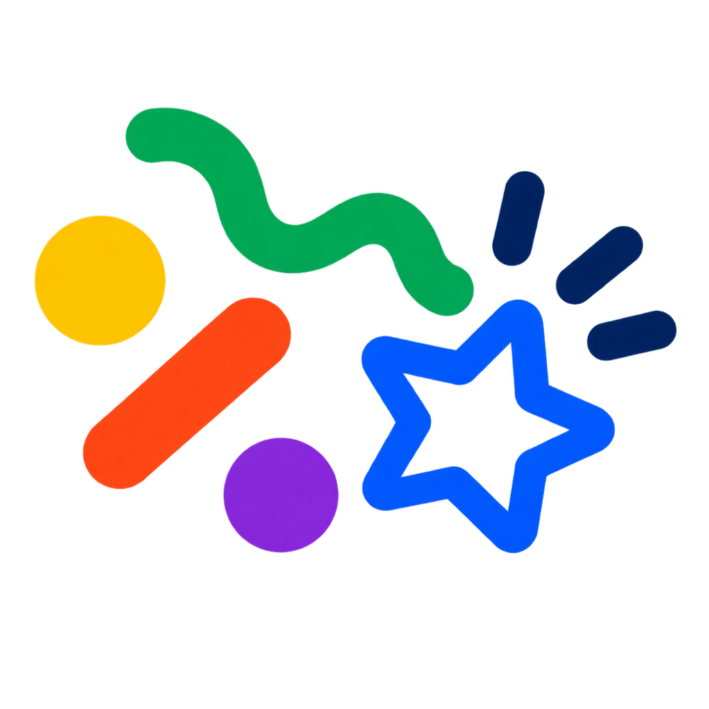 Colorful abstract shapes including a yellow circle, red rectangle, purple circle, green squiggly line, and blue star and lines on a black background.