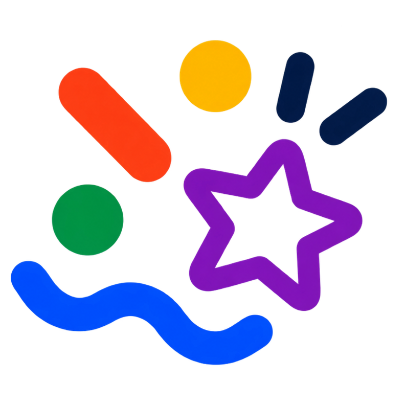 Colorful abstract shape with stars, circles, and wavy lines in vibrant colors including yellow, red, green, blue, purple, and black.