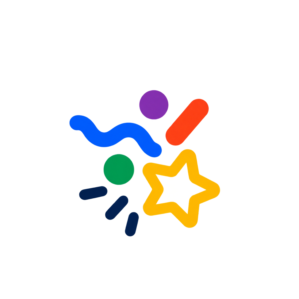 Colorful abstract icon with shapes including a star, circle, and curved line, all in vibrant colors like yellow, green, blue, purple, and red.