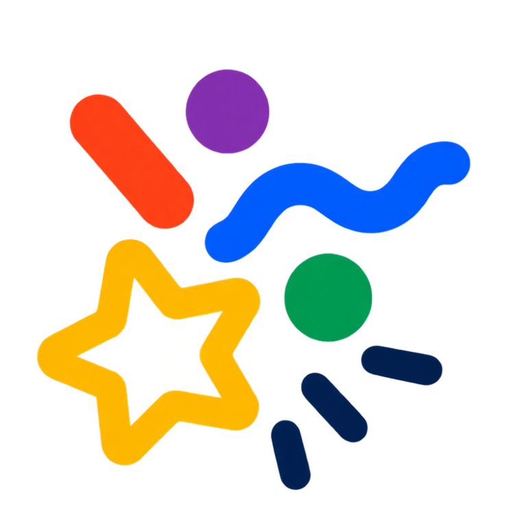 Colorful abstract shapes including a purple circle, blue squiggly line, green circle, yellow star outline, red rectangle, and several black and blue capsule shapes on a white background.