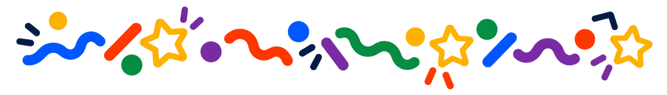 Colorful confetti in various shapes including stars, squiggles, and circles
