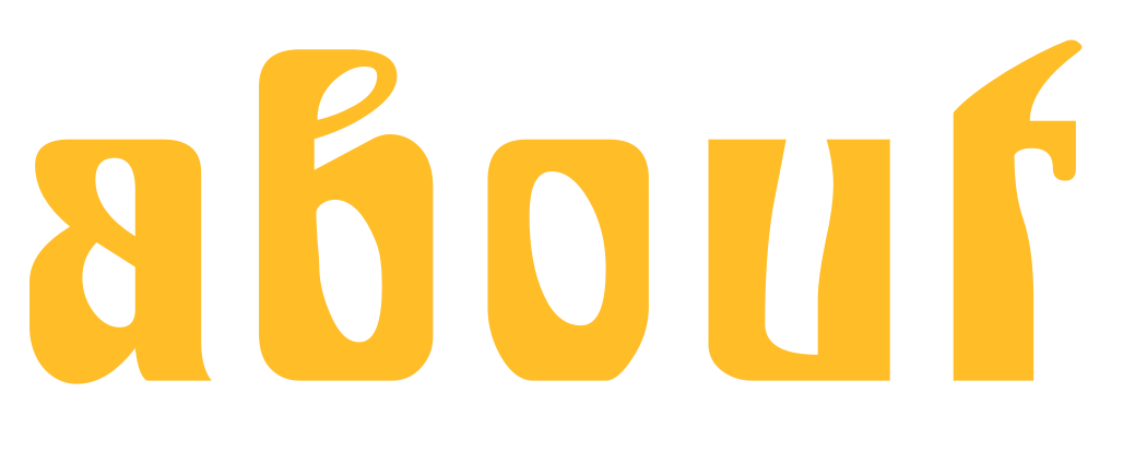 Stylized text reading "about" in bold yellow text on a black background.