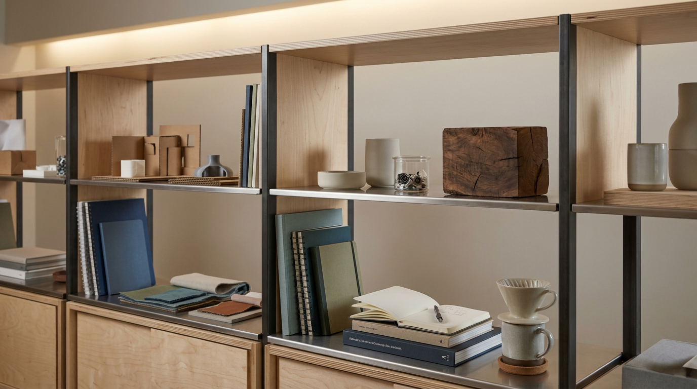 A modern bookshelf with books, notebooks, decorative objects, and ceramic cups, framed by a wooden and metal structure.