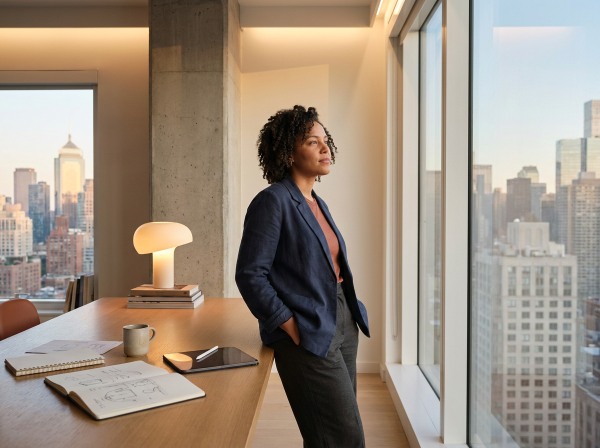A woman in a navy blazer and gray pants stands in a modern office near a large window, looking out at a city skyline during daytime.