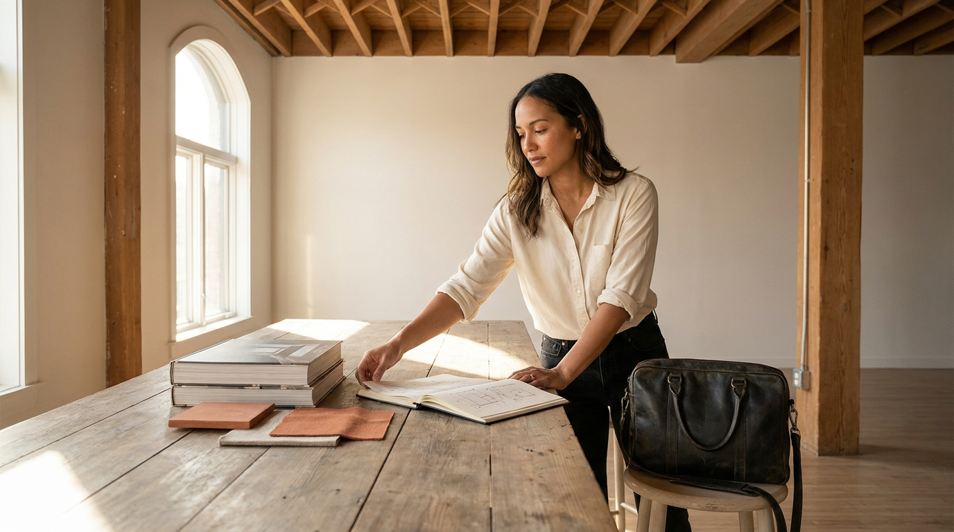 A woman is standing at a wooden table, looking at open papers or documents. There are multiple large books or binders stacked on the table and several small fabric samples. A black leather bag is on the chair next to her. The room has large windows and exposed wooden beams in the ceiling.