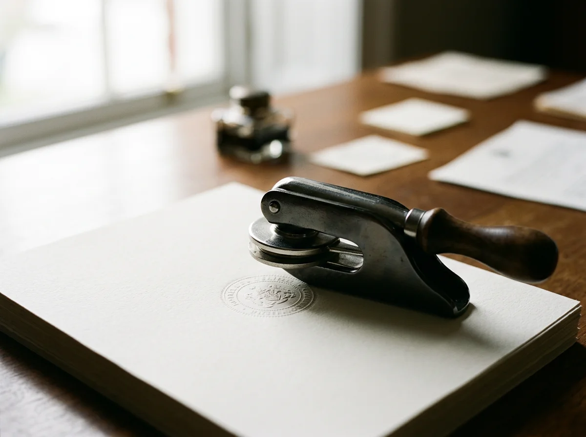 A vintage embossing seal press resting on a stack of white paper with a seal imprint, on a wooden desk near a window.