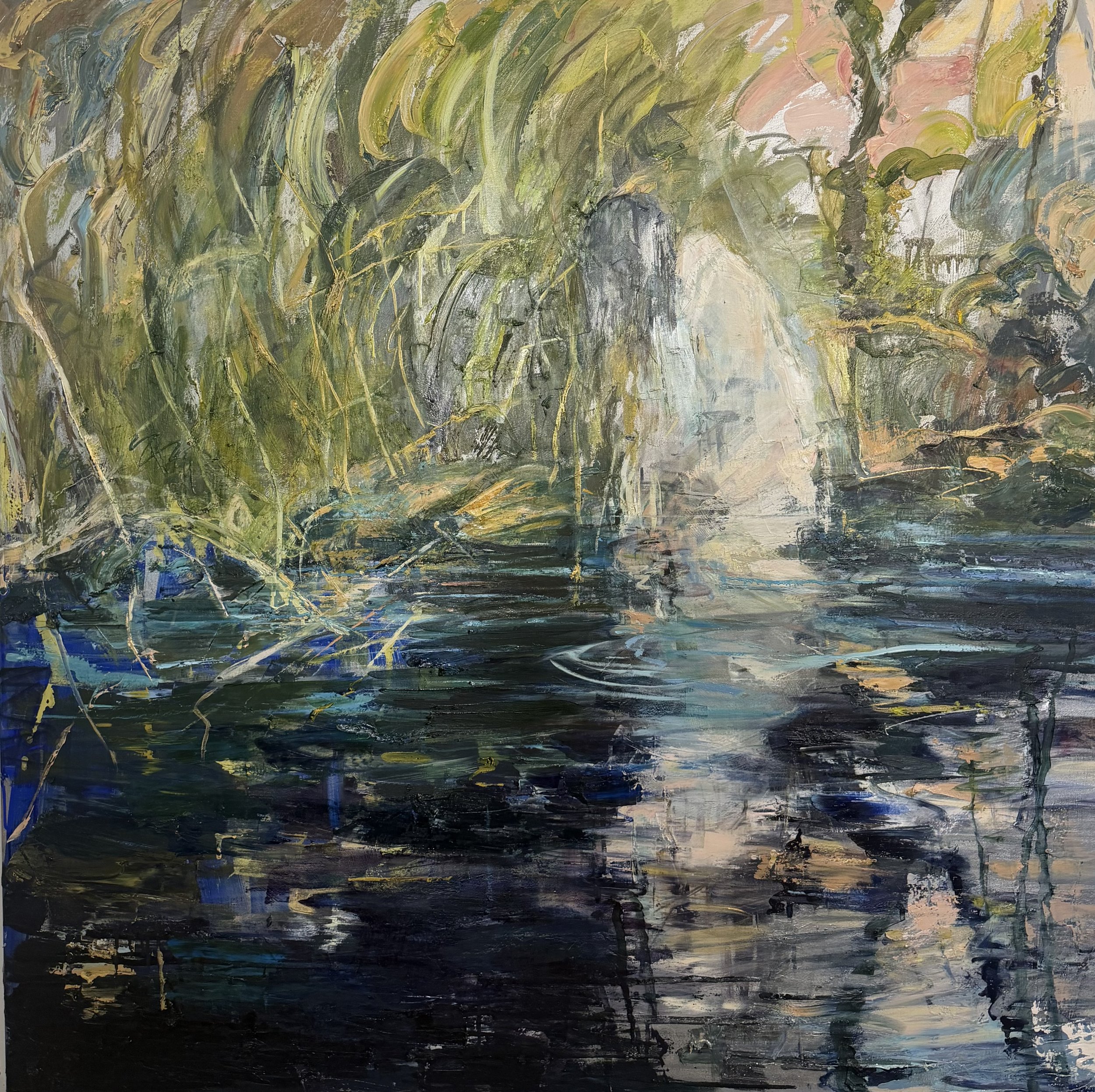An abstract painting with broad brushstrokes in shades of green, black, white, and hints of pink, blue, and yellow.