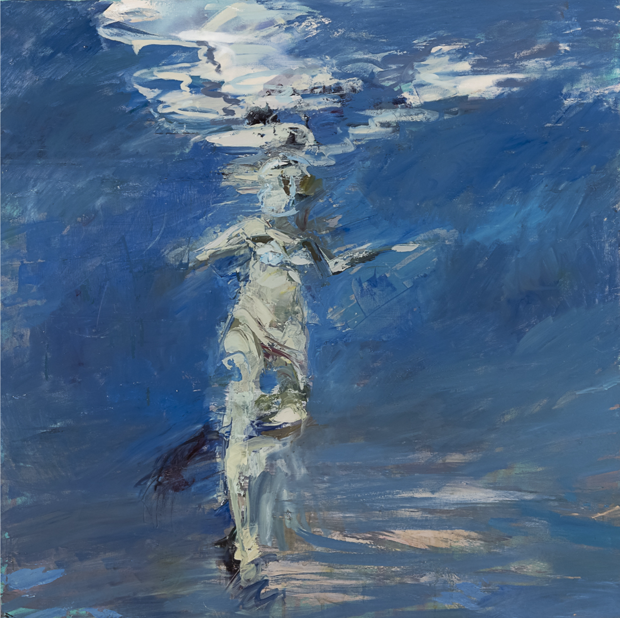 An abstract painting of a figure in water against a background of blue and teal brushstrokes.