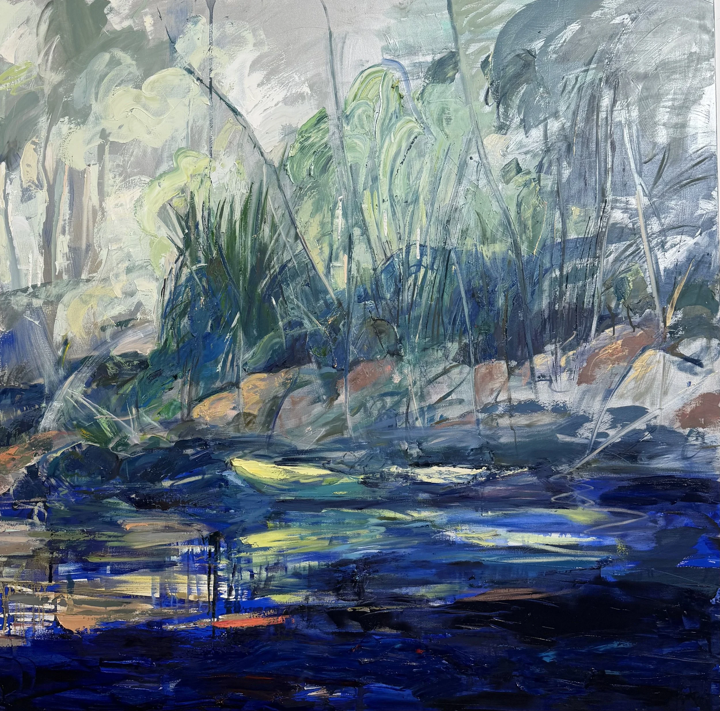 An abstract painting with various shades of blue, green, white, and hints of yellow, creating an impression of a natural, lush landscape with grasses and foliage.