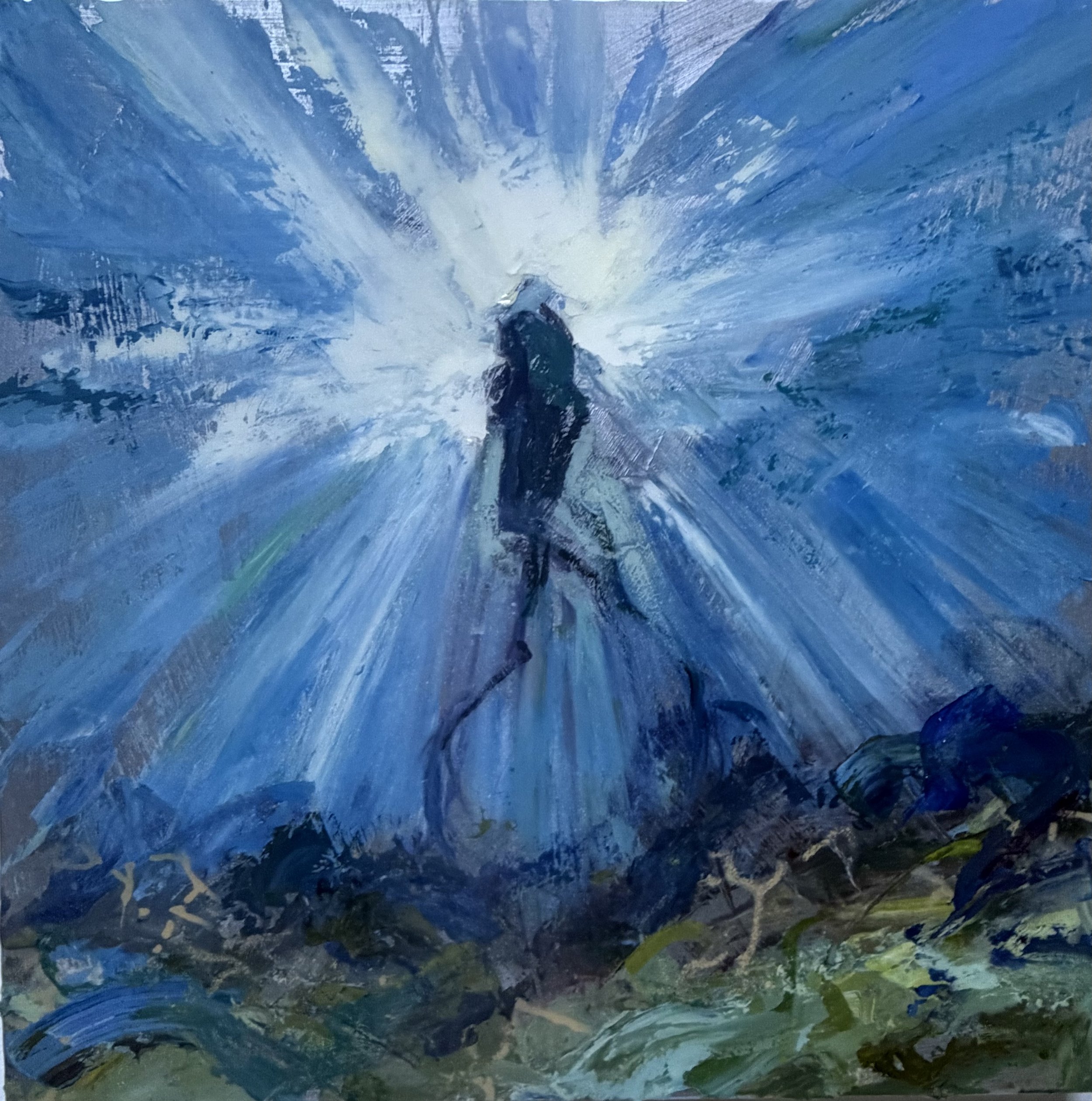Abstract painting with broad brushstrokes in shades of blue, green, black, and white.
