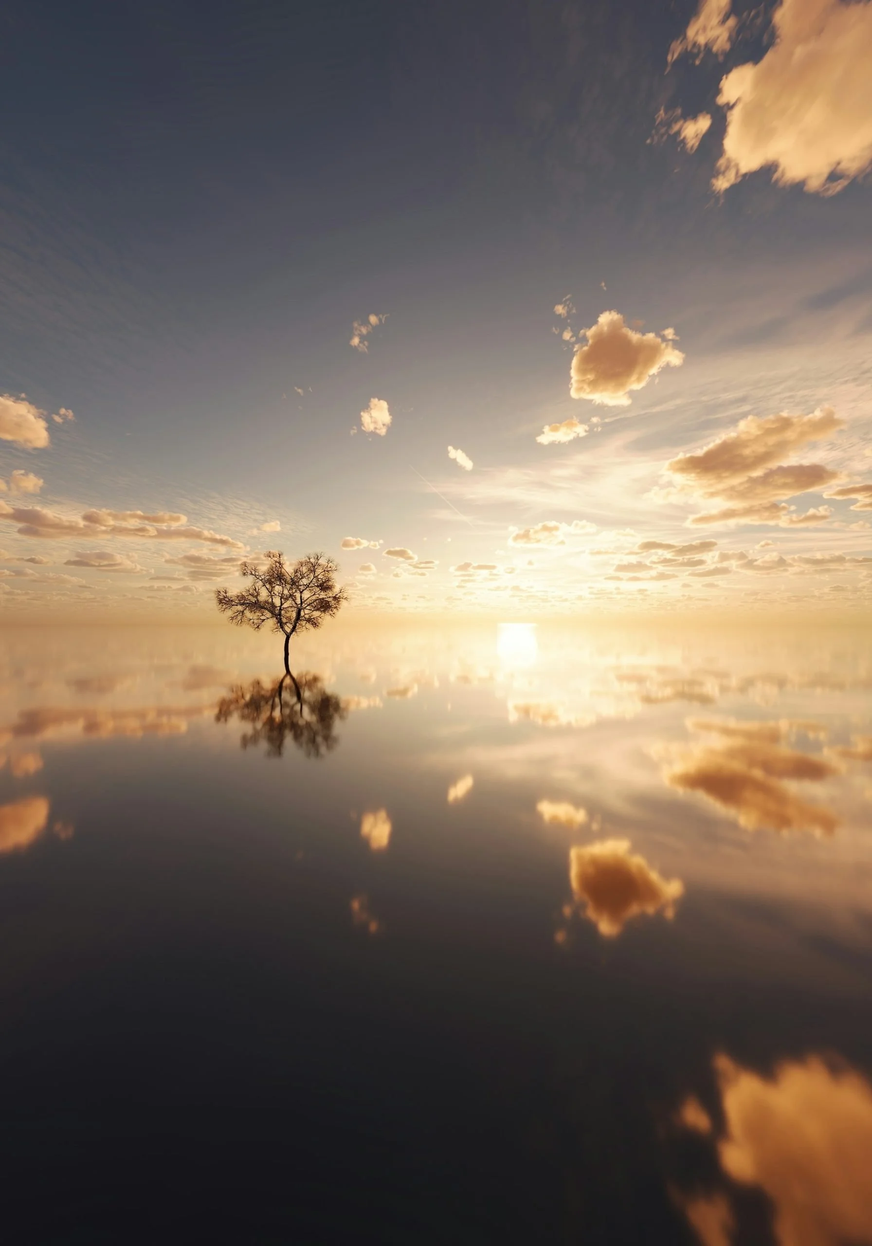 A solitary leafless tree stands near a body of water reflecting the colorful sky at sunset with clouds and warm light.