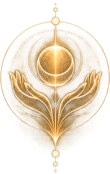 A mystical illustration of two hands holding a glowing moon, surrounded by cosmic elements and golden accents.
