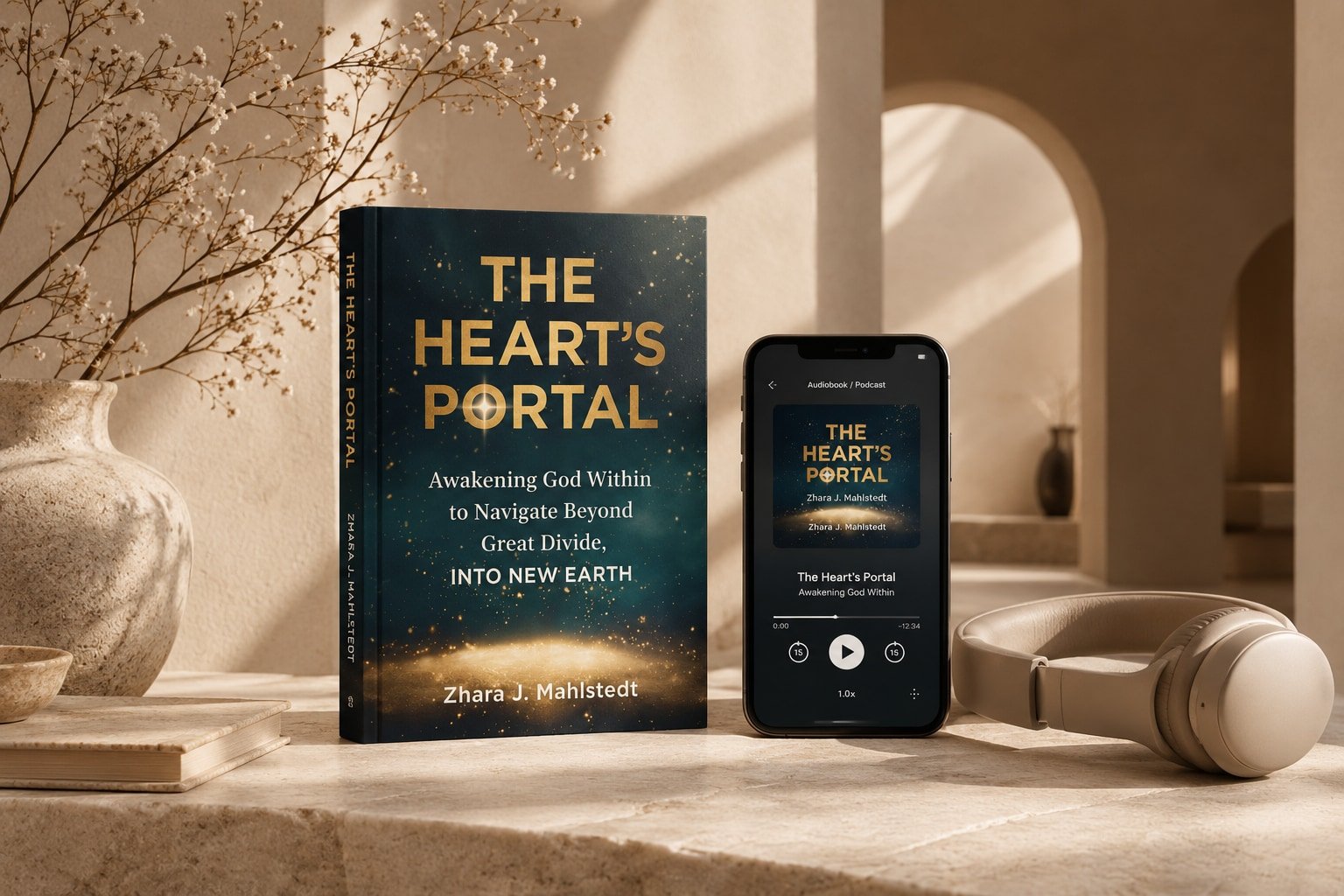 A book titled "The Heart's Portal" by Zhara J. Mahlstedt, an iPhone displaying the audiobook version of the same book, and a pair of beige headphones on a light-colored table with a vase of dried flowers in the background.