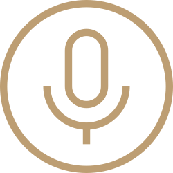 Icon of a microphone inside a circle on a black background.