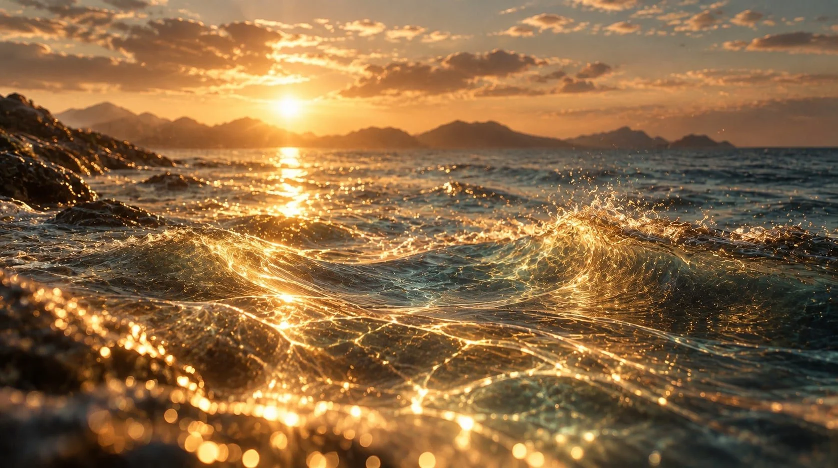 Sunset over a rocky shoreline with shimmering water and distant mountains.