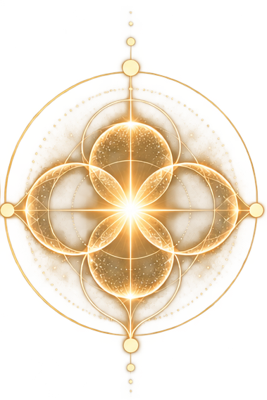 Geometric design with glowing circles and intersecting lines radiating from a bright center, resembling sacred geometry or a mystical symbol.