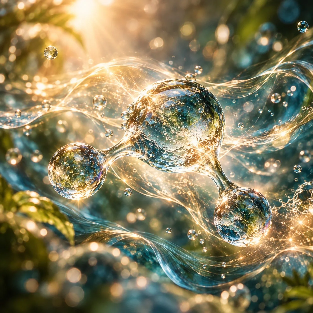 Futuristic abstract digital art with interconnected transparent glass spheres and glowing golden lines and sparks, set against a blurred natural background with warm sunlight.