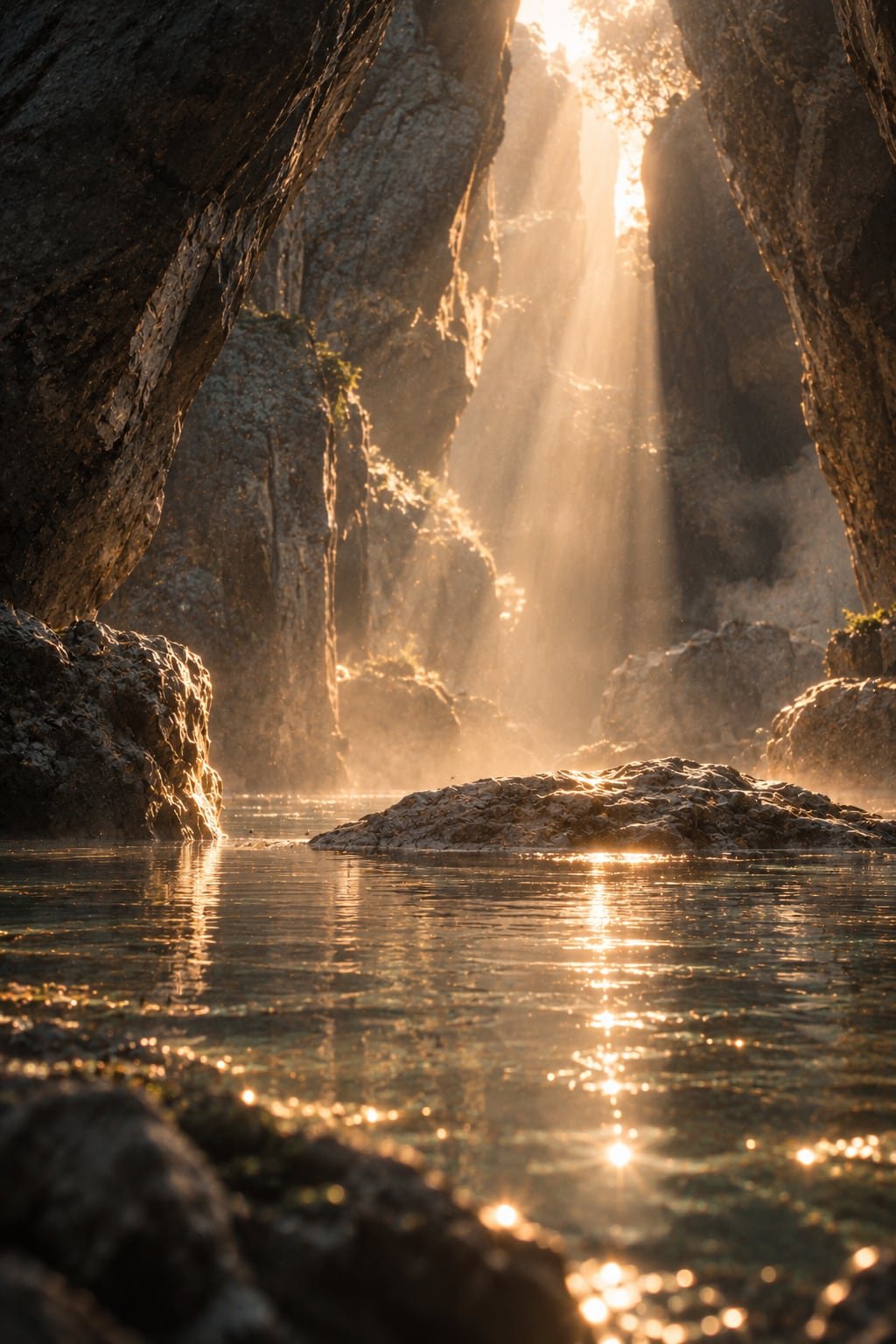 Sunlight streams through a narrow canyon with tall rocky walls, illuminating a calm body of water with reflections and rocks.