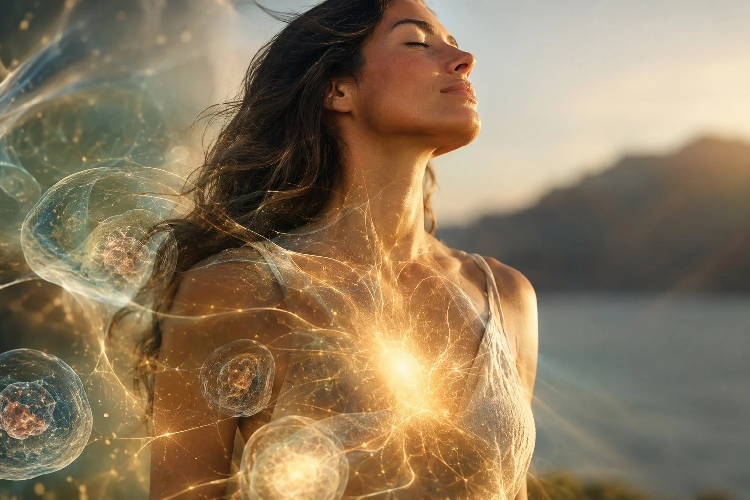 A woman with closed eyes and long dark hair stands outdoors in sunlight, with digital illustrations of glowing neurons and connections around her shoulder, chest, and neck, against a natural landscape background.