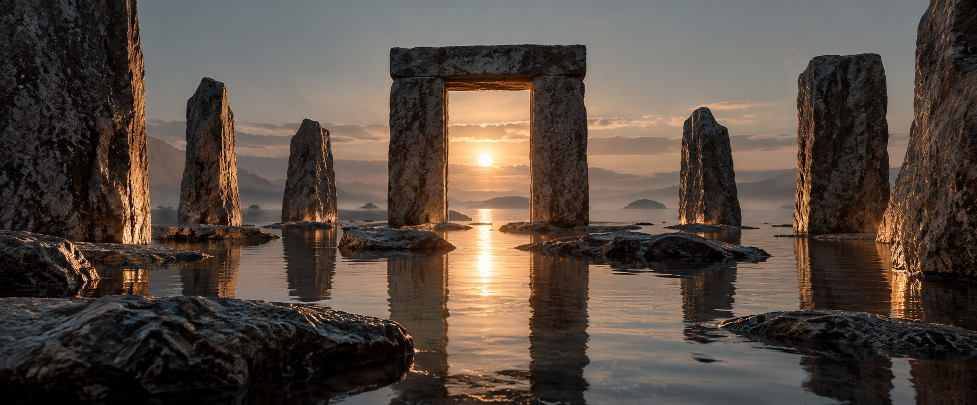 Sunset over a body of water with large rocks and ancient stone structures, including a rectangular stone doorway, reflected in the calm water.