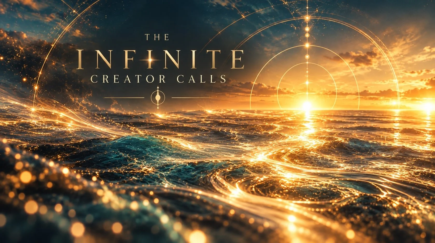 The image features a futuristic scene of shimmering water and a glowing sunset or sunrise, with circular geometric patterns and lines in the sky. The words 'The Infinite Creator Calls' are displayed prominently.